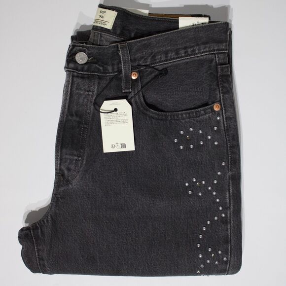 NWT $128 Levi's Premium 501 '90s Black Denim Studded Western Jeans Women 27x30 - Picture 7 of 16